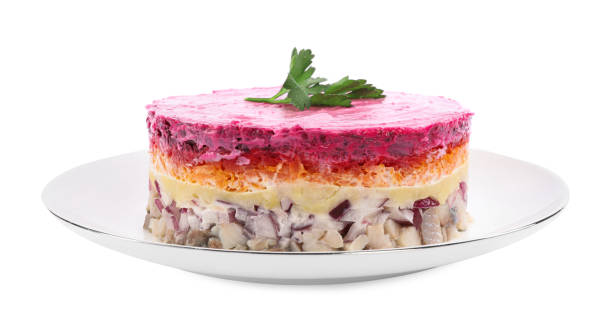 istock Herring under fur coat salad isolated on white. Traditional Russian dish 1820644890
