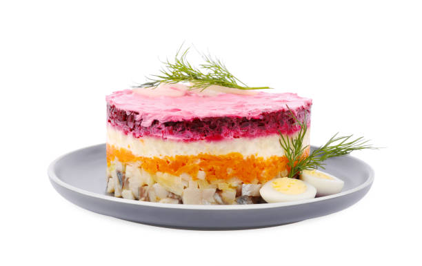 istock Herring under fur coat salad isolated on white. Traditional Russian dish 1820644916