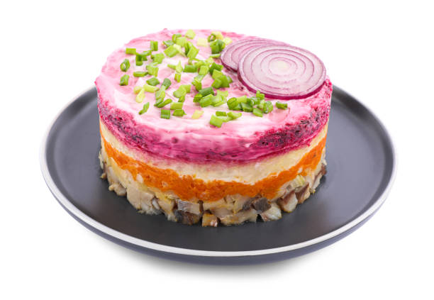 istock Herring under fur coat salad isolated on white. Traditional Russian dish 1820645341