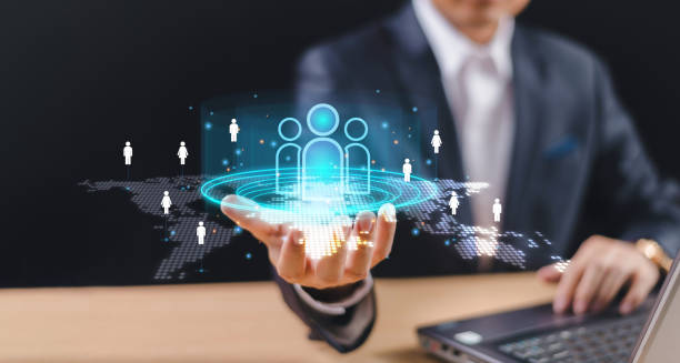 istock Customer Relationship Management CRM. Businessman show global network client service. Cloud network technology, Data partner solution development concept. Social digital marketing business strategy 1820648057