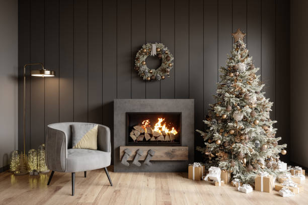 interior de sala de estar moderna con árbol de navidad, cajas de regalo, chimenea y sillón - home decorating living room luxury fireplace fotografías e imágenes de stock