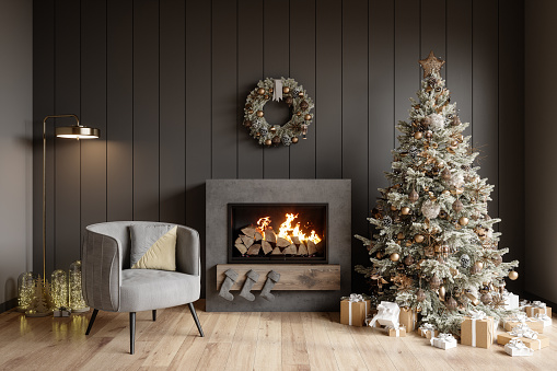 Modern Living Room Interior With Christmas Tree, Gift Boxes, Fireplace And Armchair