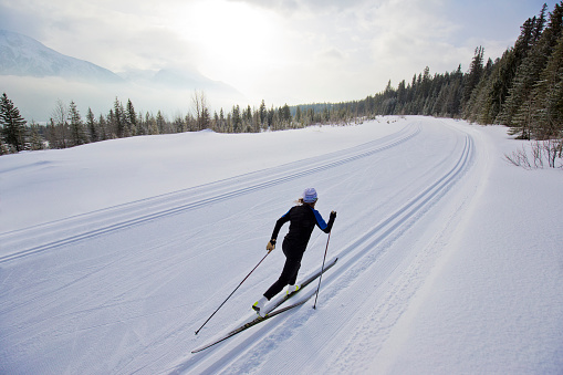 A female cross-country skier goes uphill at the Canmore Nordic Centre Provincial Park in Alberta, Canada. She is doing the cross-country classic ski technique. There is a classic ski track on either side of the trail and the freestyle or skating track down the middle.