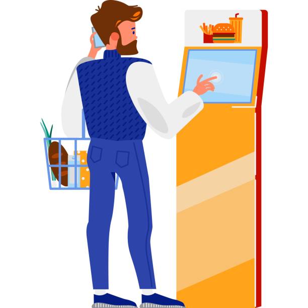 ilustrações, clipart, desenhos animados e ícones de falando em movimento um homem envolvido em uma conversa telefônica por uma máquina de venda automática - vending machine machine coin operated convenience