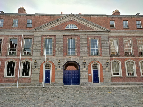 Dublin, Ireland - September 20, 2021: View of the courtyard of Dublin Castle built in the 12th century and rebuilt in the 18th century