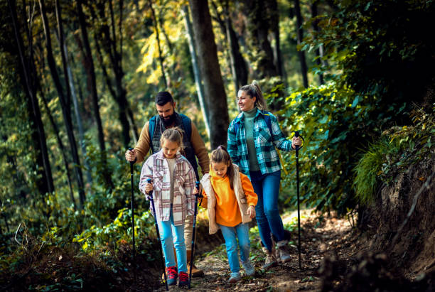 Smiling family of four enjoying hiking in trough forest. stock photo