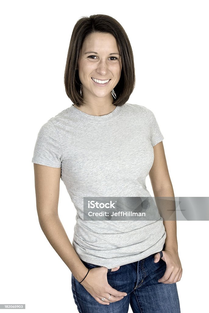 Young woman in a blank gray shirt A young woman smiles in her gray shirt Fashion Model Stock Photo