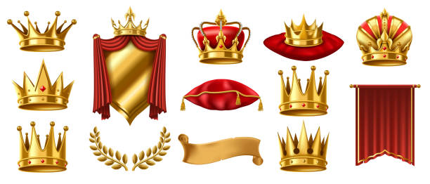 istock Realistic 3D royal elements. Golden crown on red pillow, crowned shield and gold laurel wreath vector illustration set 1820670216