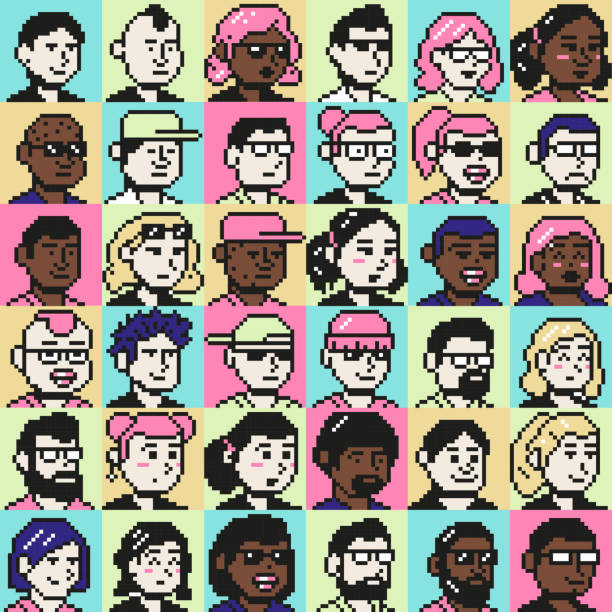 Pixel art portrait userpic icons. 8 bit people faces, young pixelated people avatars and retro game characters vector illustration set Pixel art portrait userpic icons. 8 bit people faces, young pixelated people avatars and retro game characters vector illustration set of character icon cartoon pixelated face man stock illustrations