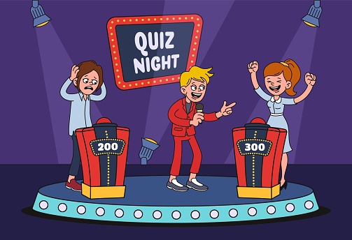 Cartoon TV quiz game. Erudite show host congratulates winner for right final question answer vector illustration of cartoon game quiz show