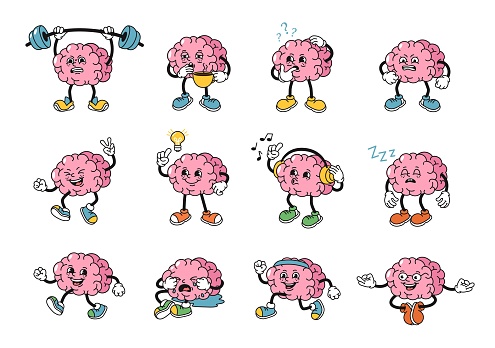 Cartoon human brains mascot. Strong memory brain character has idea, mind questions and do healthy sport exercises 1930s rubber hose style vector illustration set of strong memory and intelligence