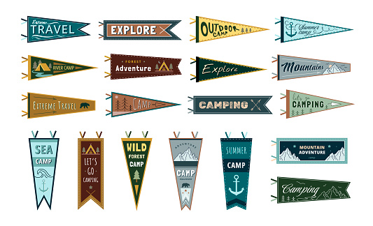 Adventure Pennants. Outdoor and camping enthusiast banner collection with wild forest camp, mountain and explore designs vector set of flag pennant adventure camp illustration