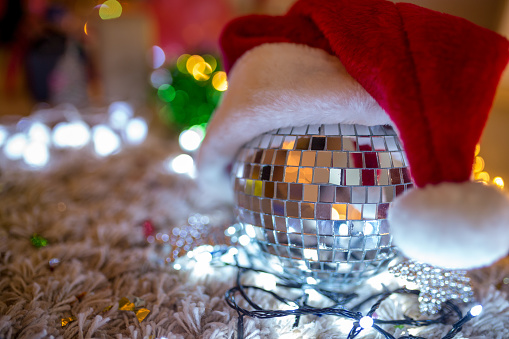 Silver disco ball,Christmas Background,Bokeh Light Background, Blur Background