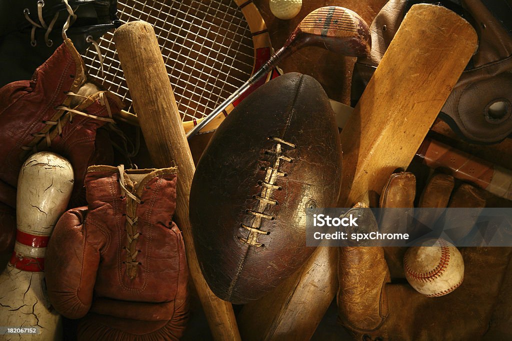 History of Sports Antique sports equipment. Old-fashioned Stock Photo