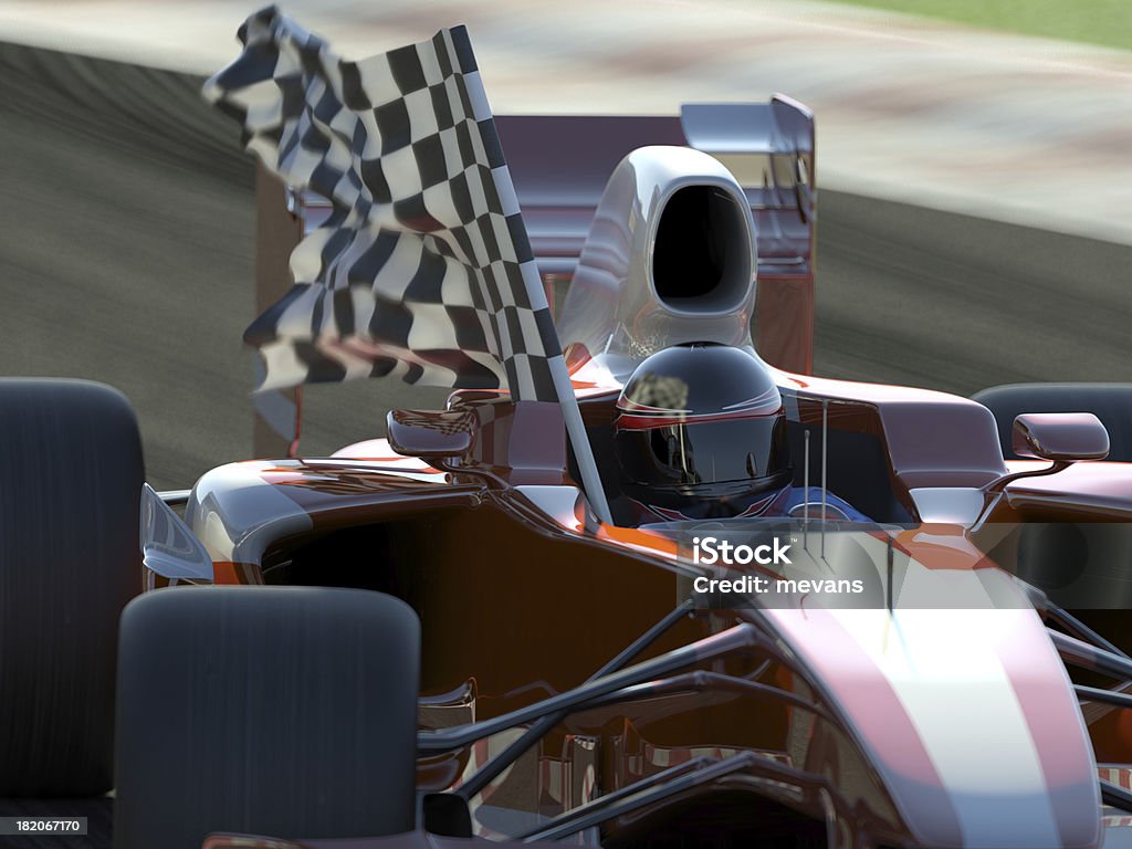 Winner Close view of a open-wheel single-seater racing car car on a race track with the driver carrying a winning checkered flag. Modelling and design are my own. Very high resolution 3D render. Auto Racing Stock Photo