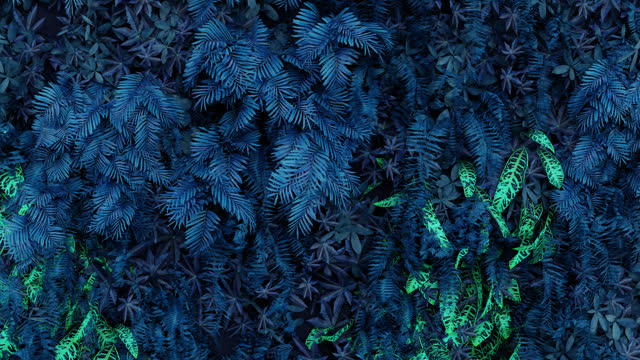a background of 3d blue leaves. 3d animation of blue leaves in the wind. blue leaves wall. close up of fantasy leaves in the wind