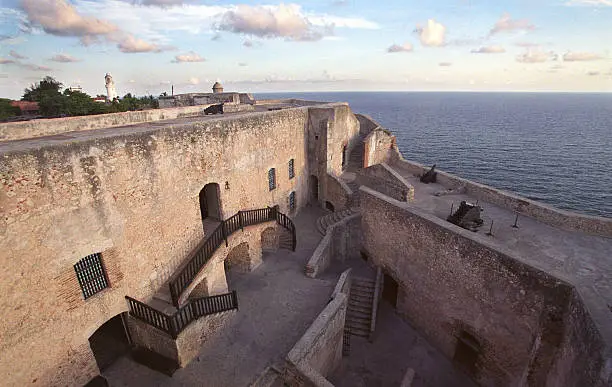 Inside the walls of the fortres and bay of Santiago de Cuba. South coast of Cuban island.