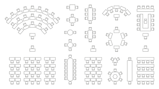 Wedding seating plan. Conference banquet and seminar classroom interior, conference hall and seminar room interior design. Vector top view of arrangement of banquet furniture seats illustration