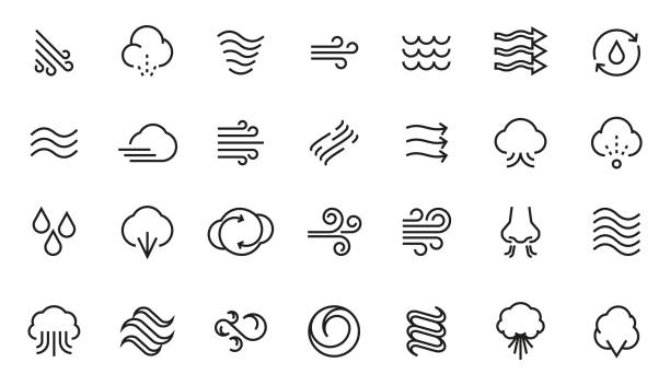 wind-symbole. dünne tornado-stromlinien-blizzard-hurrikan-zephyr-windelemente, flache abstrakte wirbel und fluss für das logo-design. vektor isolierter satz - wind stock-grafiken, -clipart, -cartoons und -symbole