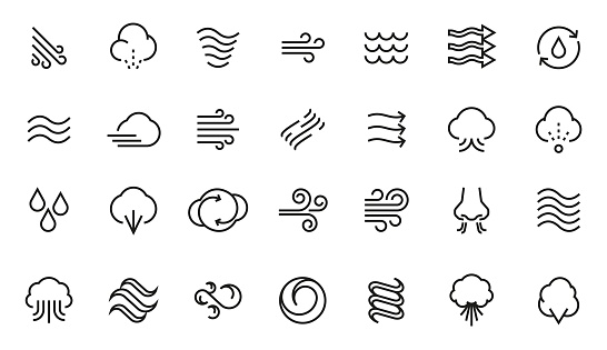 Wind icons. Thin tornado stream line blizzard hurricane zephyr wind elements, flat abstract swirls and flow for logo design. Vector isolated set of swirl air wave weather illustration