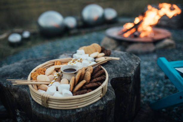 istock Marshmallows for roasting on a tray with campfire on the background. 1820680983