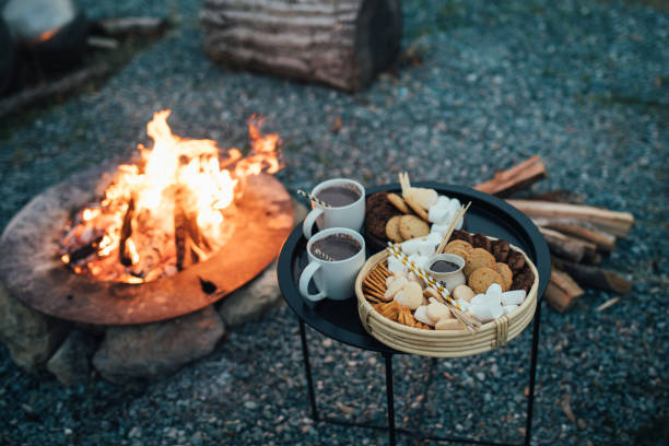 istock Marshmallows for roasting on a tray with campfire on the background. 1820680987