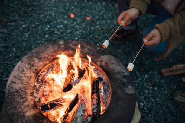 istock Man roasting marshmallow by the fire outdoors. 1820680988