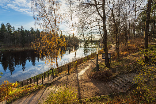 Autumn landscape with lake and trees in Tsaritsyno. Moscow
