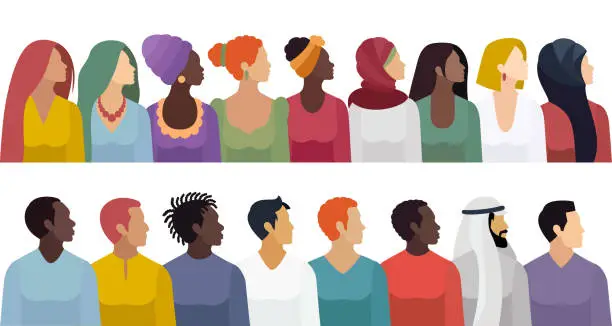 Vector illustration of Multi-ethnic group of beautiful women. Multi-ethnic group of beautiful men. Two banners. Diverse, beautiful women. Diverse, handsome men.