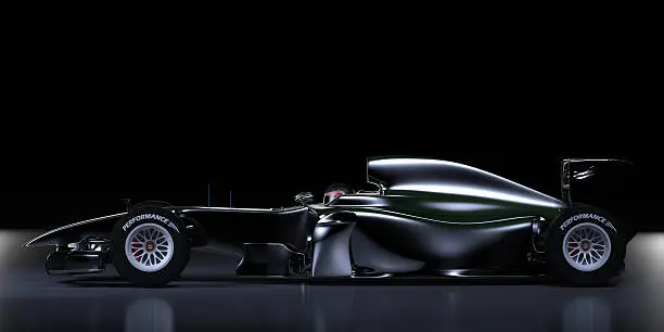 Side view of a racing car against a black background. This car is designed and modelled by myself. Very high resolution 3D render.