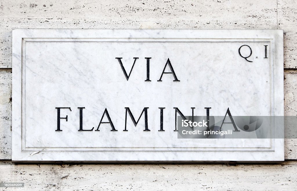 Via Flaminia street sign in Rome Marble sign indicating the famous and ancient Via Flaminia in Rome Italy. Ancient Stock Photo