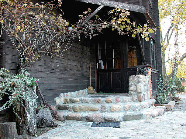 istock country cabin, stone stairs 182069225