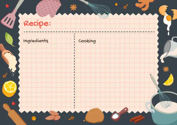 Vector illustration of Print recipe card templates for making notes about preparation of food and cooking ingredients.