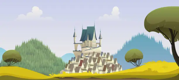 Vector illustration of Medieval castle or palace on top of a mountain. Cartoon castle with towers. At the foot of the castle there is a town, mountains and forests, a countryside village landscape. Vector illustration.