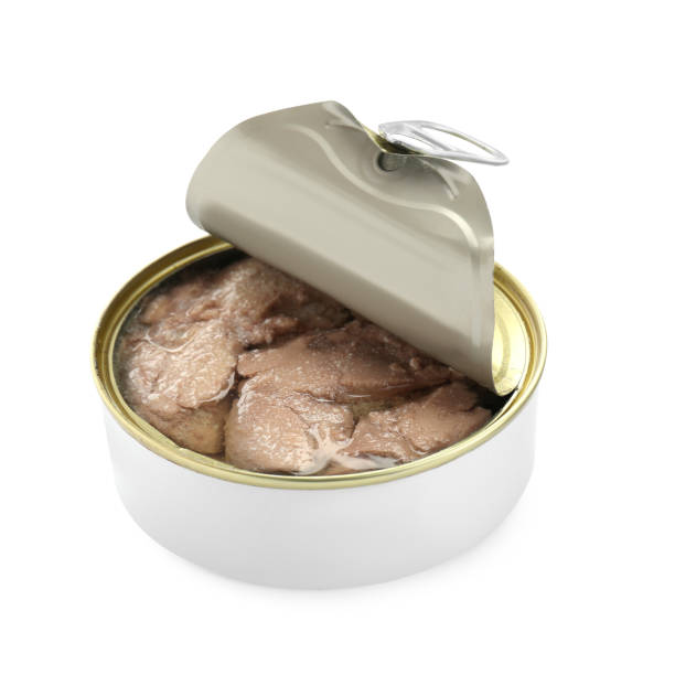 istock Open tin can of tasty cod liver on white background 1820709735