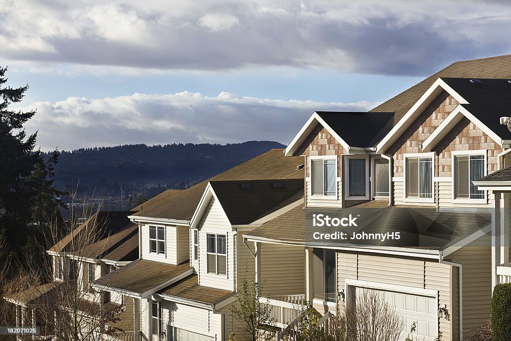 Row of Modern Homes Houses on a hill have a view of the valley below. Oregon - US State Stock Photo