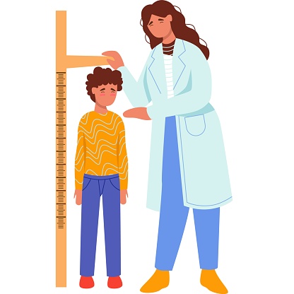 Pediatrician measures child height vector icon isolated on white background