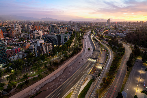 Elevated view of downtown Santiago de Chile at sunset.