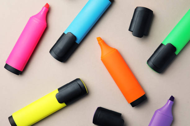 istock Bright color markers on light grey background, flat lay 1820742629