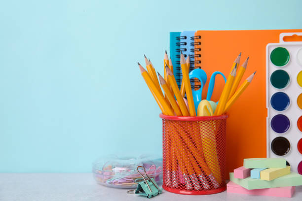 istock Different school stationery on table against light blue background, space for text. Back to school 1820743141