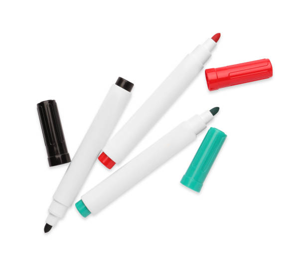 istock Bright color markers isolated on white, top view. School stationery 1820744782