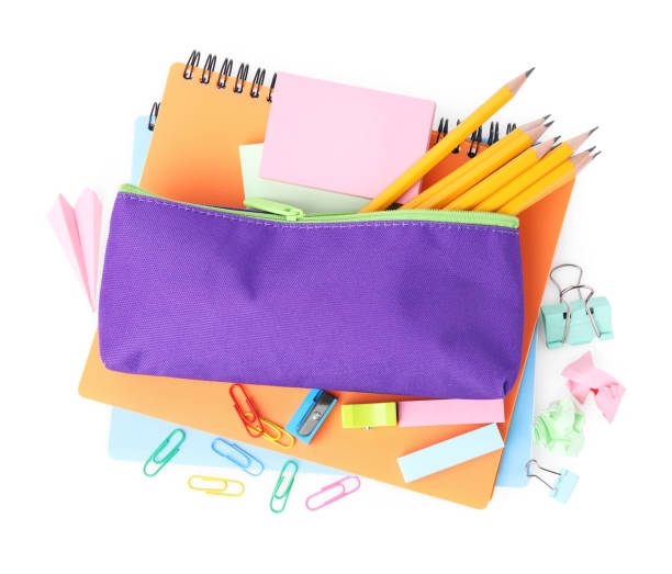 istock Pencil case and different school stationery on white background, top view 1820744794