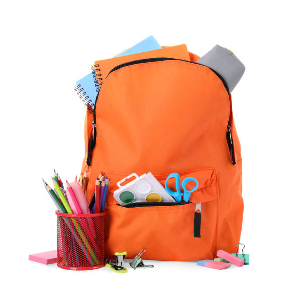 istock Stylish backpack with school stationery on white background 1820744801