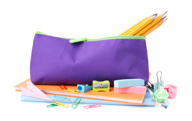 istock Pencil case and different school stationery on white background 1820744818