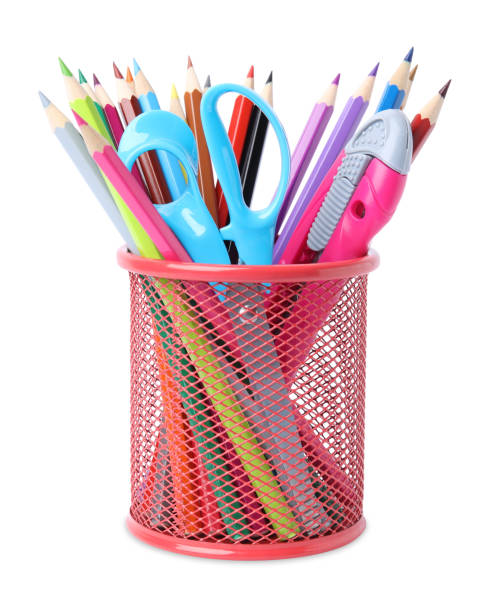 istock Pink holder with different school stationery on white background 1820745015
