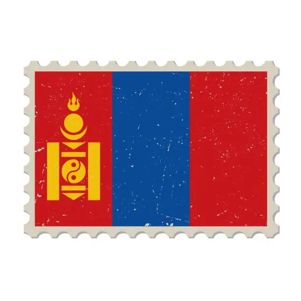 Vector illustration of Mongolia grunge postage stamp. Vintage postcard vector illustration with Mongolian national flag isolated on white background. Retro style.