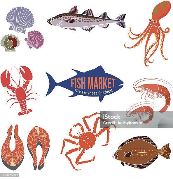 Marché De Poissons Déléments Design Vecteurs libres de droits et plus d'images vectorielles de Marché de poissons - Marché de poissons, Coquille Saint-Jacques, Crabe royal de l'Alaska