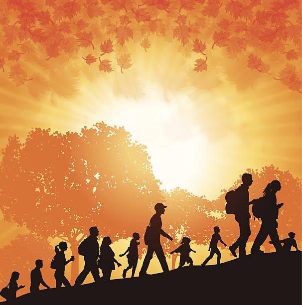 Walk-a-Thon or Hikers in Autumn Background Walk-a-Thon or Hikers in Autumn Background. Graphic silhouette background illustration of hikers or walk-a-thon in Autumn. Check out my “Fitness, Exercise & Running” light box for more. trailblazing stock illustrations