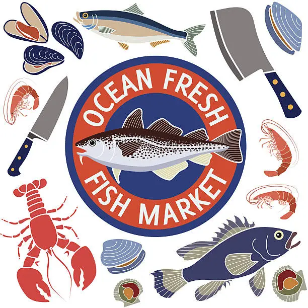 Vector illustration of fish market design elements