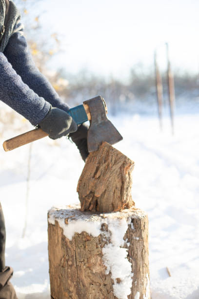 istock unrecognizable man's hands chopping wood in the winter snowy environment 1820752943